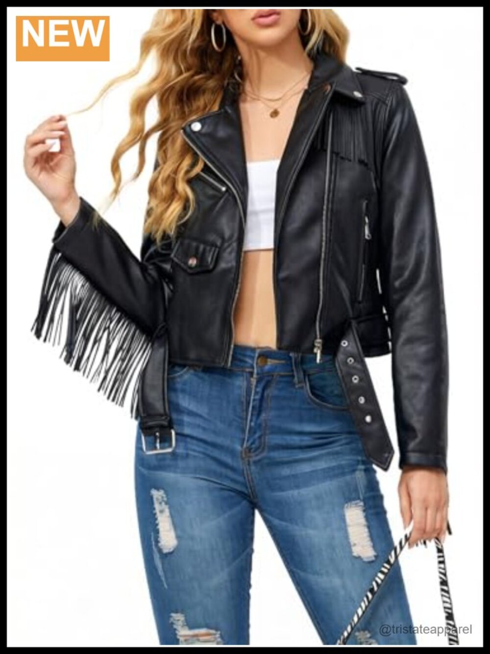 Faux Leather Moto Jacket Belted Tassel Trim Women Short
